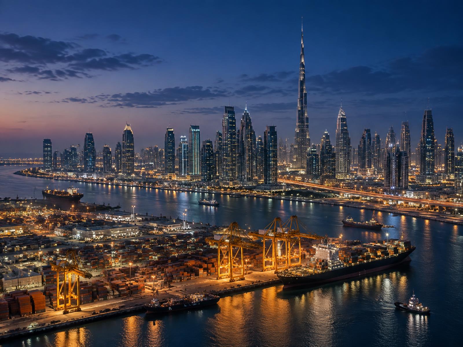Dubai skyline and commercial port at blue hour