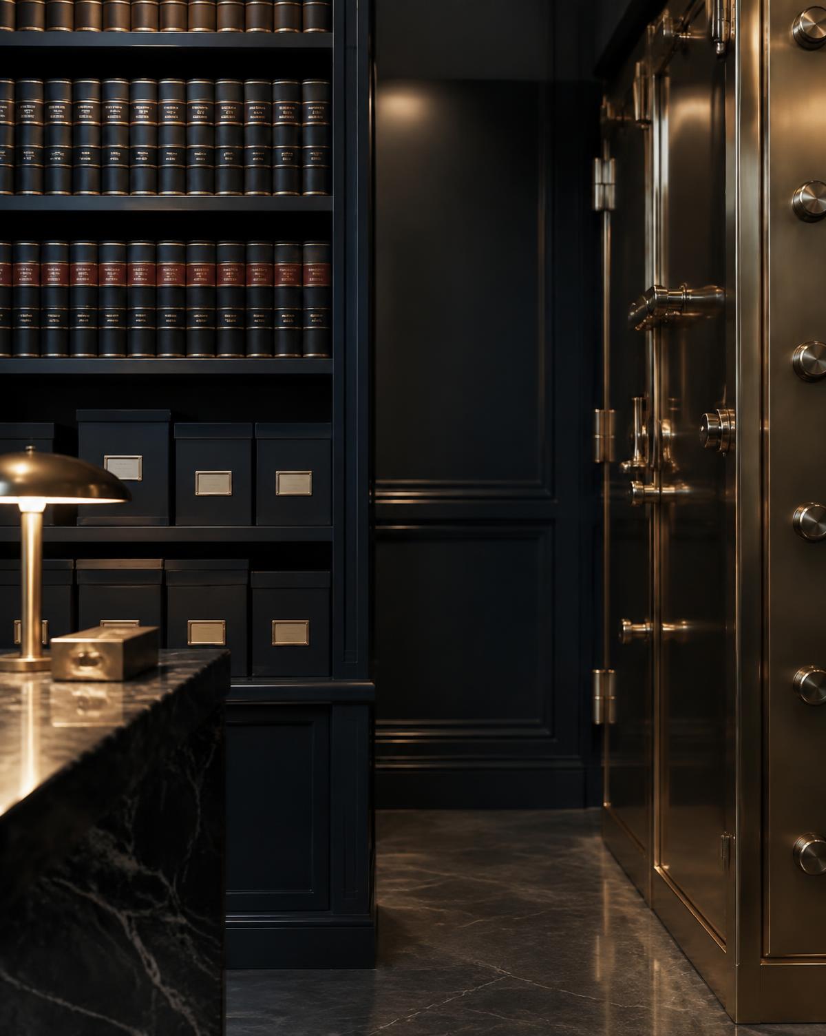 Secure legal archive with brass cabinetry in a law firm