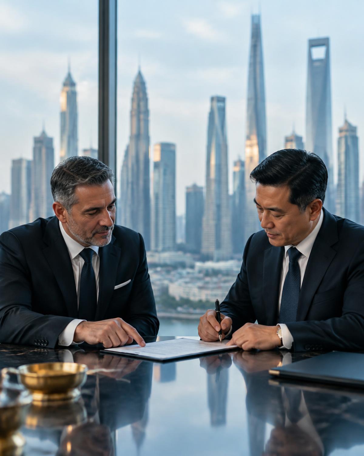 Two executives reviewing a signed agreement in a glass-walled office